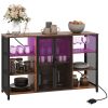 HOMCOM LED Wine Cabinet, Rustic Brown with Charging Station, Glass Holders & Open Shelves