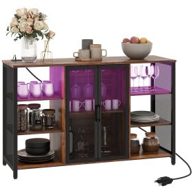 HOMCOM LED Wine Cabinet, Rustic Brown with Charging Station, Glass Holders & Open Shelves