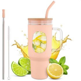46 Oz Glass Tumbler with Straw and Lid Peach Glass Water Bottle with Natural Bamboo Lid 2 Slim and Boba Straws Silicone Sleeve Dishwasher Safe Car Hol