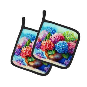 Hydrangeas in Watercolor Pair of Pot Holders Kitchen Heat Resistant Pot Holders Sets Oven Hot Pads for Cooking Baking BBQ, 7 1/2 x 7 1/2
