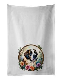 Saint Bernard and Flowers Kitchen Towel Set of 2 White Dish Towels Decorative Bathroom Hand towel for Hand, Face, Hair, Yoga, Tea, Dishcloth, 19 X 28"