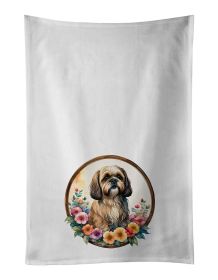 Lhasa Apso and Flowers Kitchen Towel Set of 2 White Dish Towels Decorative Bathroom Hand towel for Hand, Face, Hair, Yoga, Tea, Dishcloth, 19 X 28"