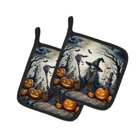 Witch Spooky Halloween Pair of Pot Holders Kitchen Heat Resistant Pot Holders Sets Oven Hot Pads for Cooking Baking BBQ, 7 1/2 x 7 1/2