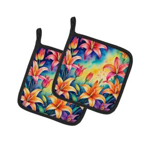 Colorful Lilies Pair of Pot Holders Kitchen Heat Resistant Pot Holders Sets Oven Hot Pads for Cooking Baking BBQ, 7 1/2 x 7 1/2