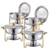 5 Qt 4 Pack Round Chafing Dish Buffet Set Full-Size Pan Stainless Steel Gold