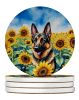 German Shepherd in Sunflowers Large Sandstone Coasters Pack of 4 Absorbent Round Coasters Decor Gifts for Men or Women, 4 in, Multicolor