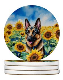 German Shepherd in Sunflowers Large Sandstone Coasters Pack of 4 Absorbent Round Coasters Decor Gifts for Men or Women, 4 in, Multicolor