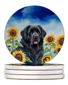 Newfoundland in Sunflowers Large Sandstone Coasters Pack of 4 Absorbent Round Coasters Decor Gifts for Men or Women, 4 in, Multicolor