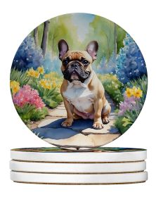 French Bulldog Spring Path Large Sandstone Coasters Pack of 4 Absorbent Round Coasters Decor Gifts for Men or Women, 4 in, Multicolor
