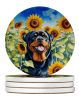 Rottweiler in Sunflowers Large Sandstone Coasters Pack of 4 Absorbent Round Coasters Decor Gifts for Men or Women, 4 in, Multicolor