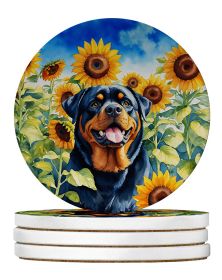 Rottweiler in Sunflowers Large Sandstone Coasters Pack of 4 Absorbent Round Coasters Decor Gifts for Men or Women, 4 in, Multicolor