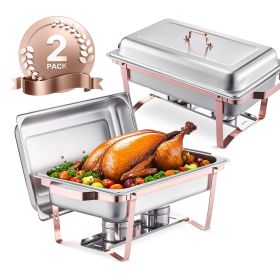 8 Qt 2 Pack Rectangle Chafing Dish Buffet Set Full Size Pan Stainless Steel (Color: Rose Gold, Quantity: 2 Pack)