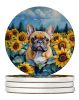 French Bulldog in Sunflowers Large Sandstone Coasters Pack of 4 Absorbent Round Coasters Decor Gifts for Men or Women, 4 in, Multicolor