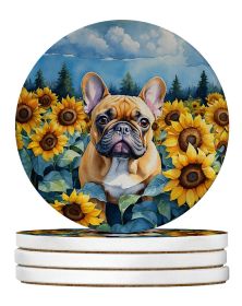 French Bulldog in Sunflowers Large Sandstone Coasters Pack of 4 Absorbent Round Coasters Decor Gifts for Men or Women, 4 in, Multicolor (Default: Default)