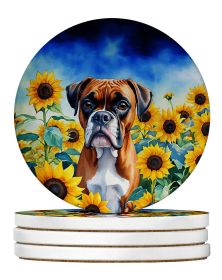 Boxer in Sunflowers Large Sandstone Coasters Pack of 4 Absorbent Round Coasters Decor Gifts for Men or Women, 4 in, Multicolor (Default: Default)