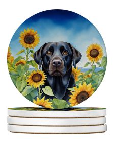 Labrador Retriever in Sunflowers Large Sandstone Coasters Pack of 4 Absorbent Round Coasters Decor Gifts for Men or Women, 4 in, Multicolor (Default: Default)